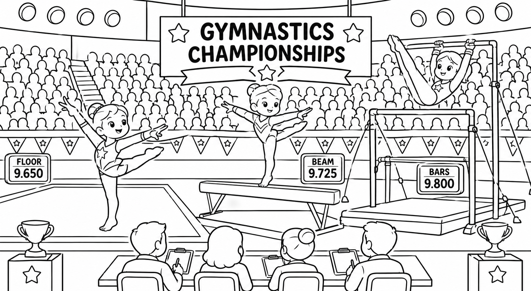 Advanced gymnastics coloring page showing a full competition scene with gymnasts on floor, beam, and bars in an arena.